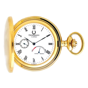 Desperado 33 jewel automatic pocket watch with power reserve indicator, front view.