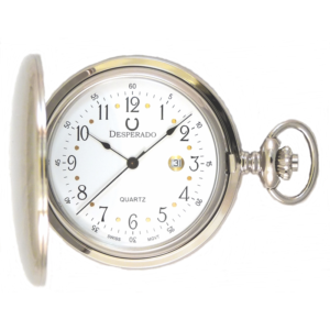 Desperado Roosevelt chrome plated Swiss quartz pocket watch, front view.