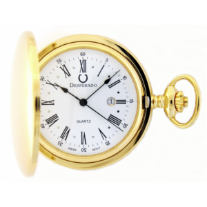 Desperado Jefferson gold plated Swiss quartz pocket watch, front view.