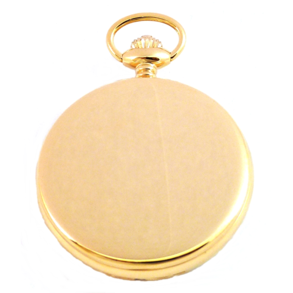 Desperado Jefferson gold plated Swiss quartz pocket watch, back view.